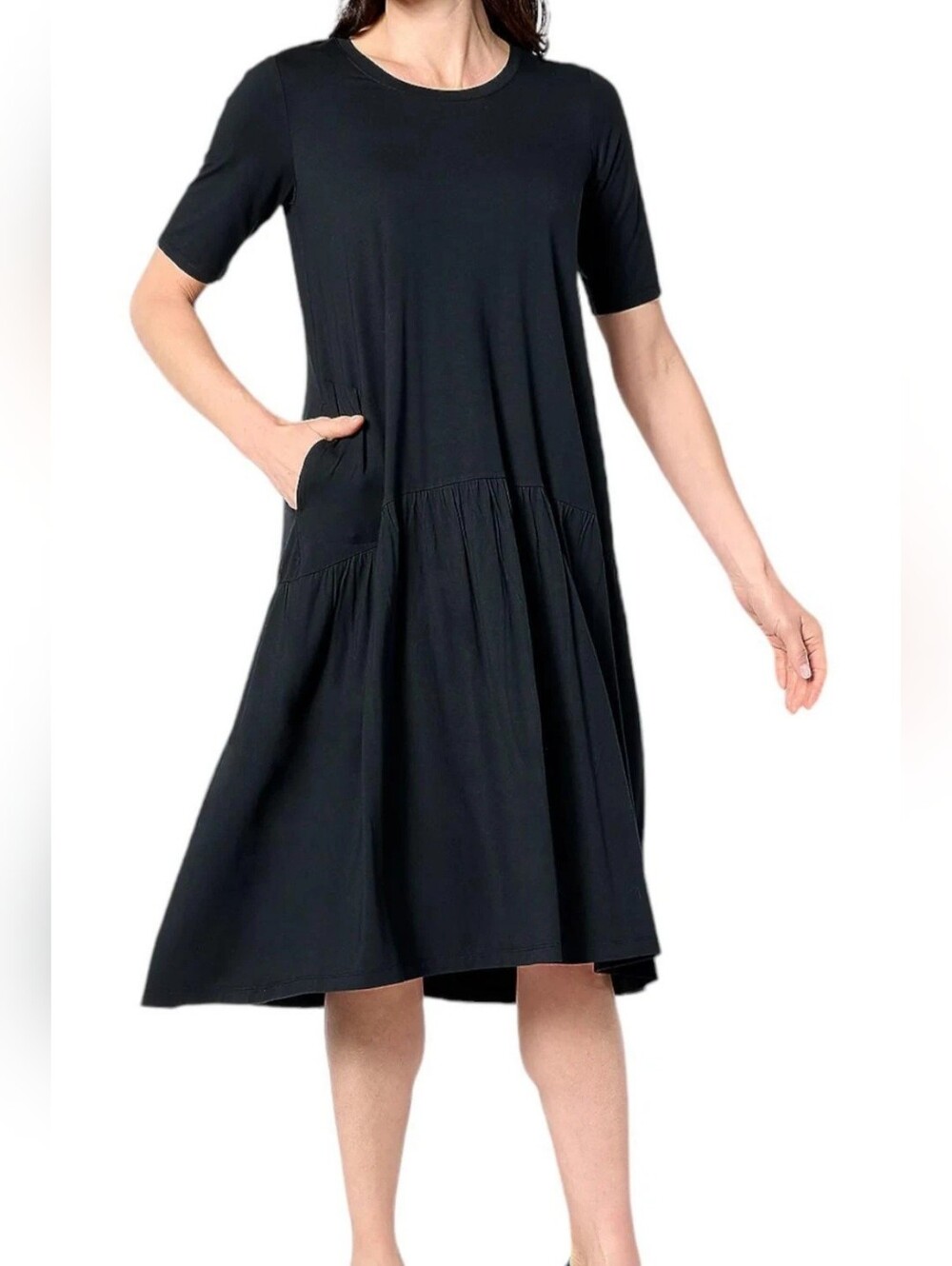 LOGO by Lori Goldstein Short-Sleeve Tiered Midi Dress in Black Women's Size XS